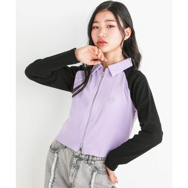 【 ニコ☆プチ 掲載 】バイカラーダブルオープンジッパーラグランTシャツ(130 （パープル）