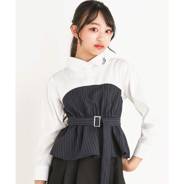 【 ニコ☆プチ 掲載 】ベアトップドッキングシャツ(130~160cm) （ネイビー系）