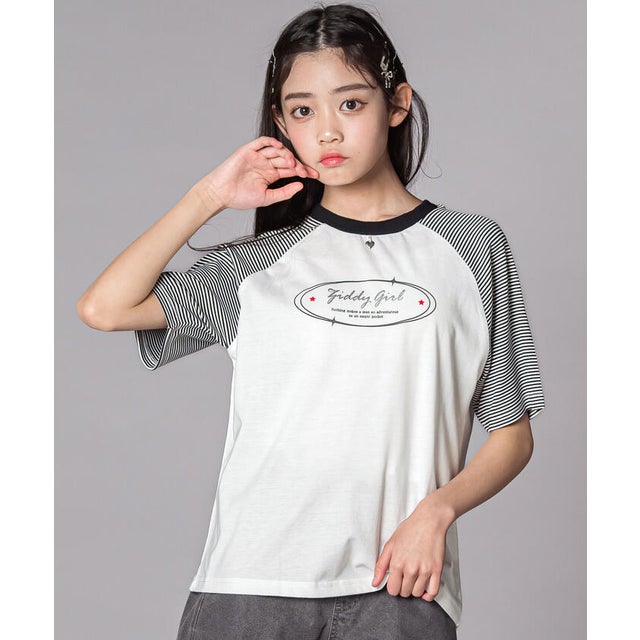 【接触冷感】グログラン ラグラン ボーダーTシャツ(130~160cm) （オフホワイト）