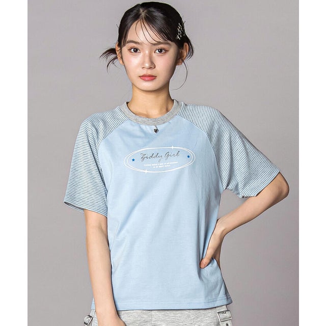 【接触冷感】グログラン ラグラン ボーダーTシャツ(130~160cm) （ブルー）