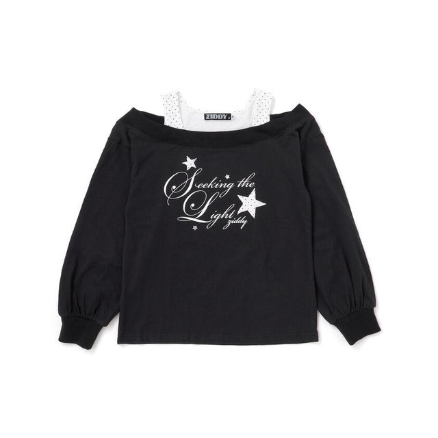 スターモチーフオフショル風レイヤードTシャツ(130~160cm) （ブラック）