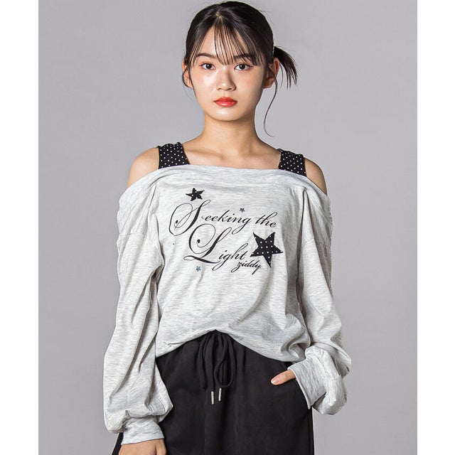 スターモチーフオフショル風レイヤードTシャツ(130~160cm) （グレー）