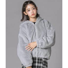 フード付き ショート丈ファーアウター(130~160cm) （グレー）