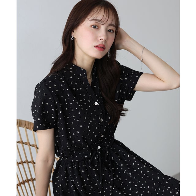 【接触冷感】アソート柄ワンピース （レトロ花柄・ブラック）