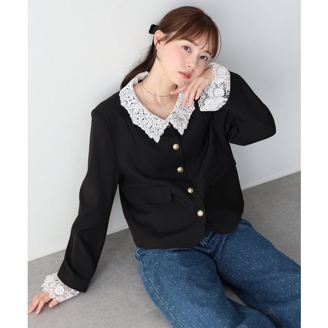 《2サイズ展開/ 2WAY》ビジューレース付ジャケット （ブラック）