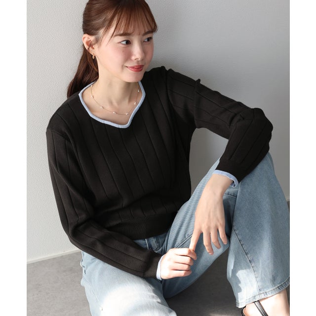 《2サイズ展開》ハートネックワイドリブニット （ブラウン）