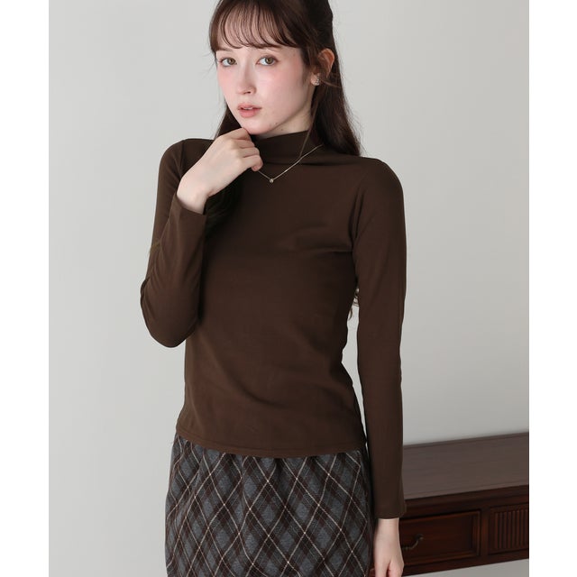 裏起毛モックネックロングTシャツ （ブラウン）