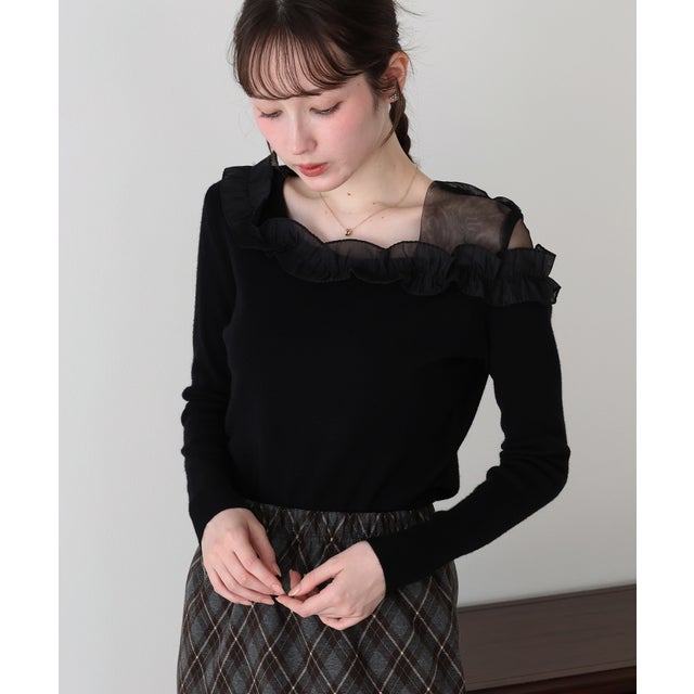 アシンメトリーチュールフリルニット （ブラック）