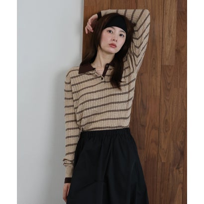 ウール混ポロカラーボーダーニット （ベージュ）｜詳細画像