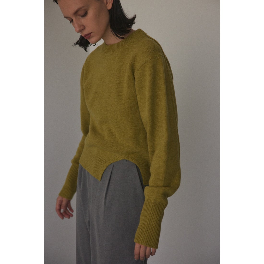BLACK BY MOUSSY slit hem knit tops L/GRN1 -ファッション通販