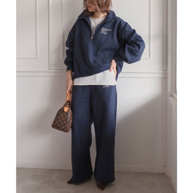 [SET]裏起毛刺繍ハーフジップスウェット&ワイドスウェットパンツ （NAVY）