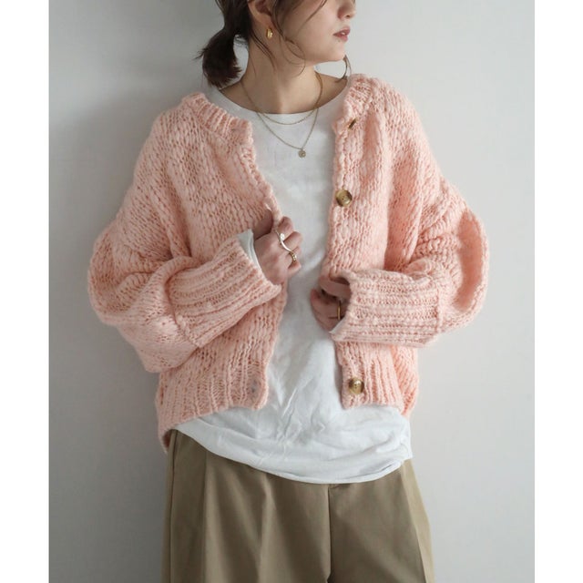 ハンドライクボリュームスラブニットカーディガン （LIGHT-PINK）