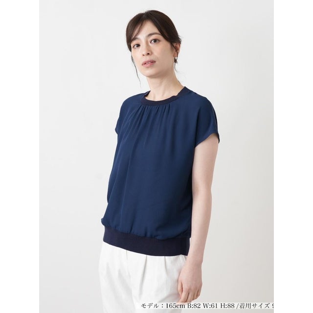 シースルー切替ギャザーカットソー【BOURGE】 （ロイヤルブルー）