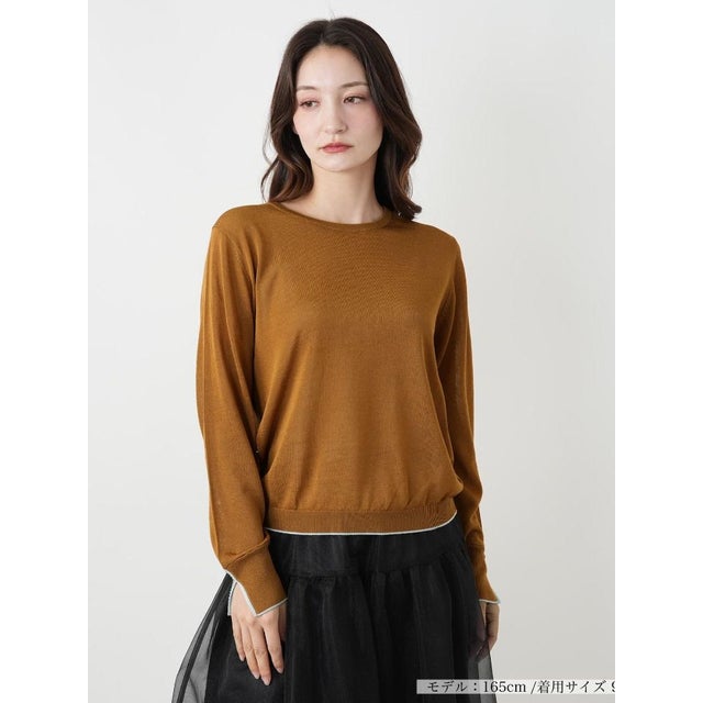 配色ラインクルーネックニット （キャメル）