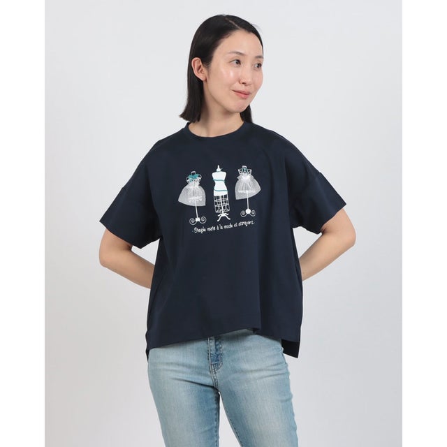 トルソープリント チュール付き半袖Tシャツ【日本製】 （ネイビー）