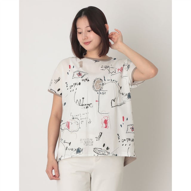 手書き風プリント半袖Tシャツ 東雲ちりめん生地【日本製】 （オフホワイト）