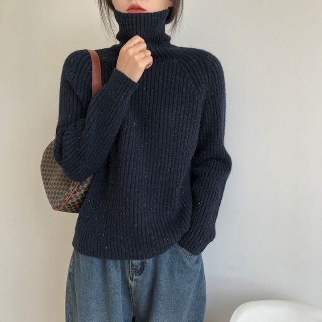 【全10色】ふんわり暖か リブ編みタートルネックニットトップス ラグランスリーブ ゆったりシルエット 厚手 暖か セーター 秋冬 （ブラック）