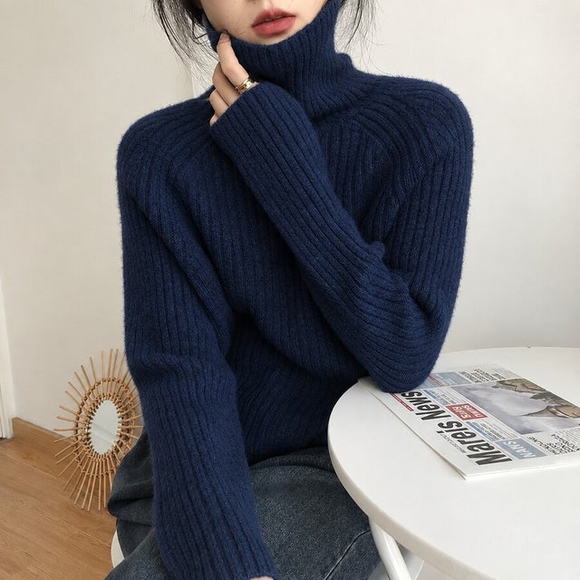 【全10色】ふんわり暖か リブ編みタートルネックニットトップス ラグランスリーブ ゆったりシルエット 厚手 暖か セーター 秋冬 （ネイビー）