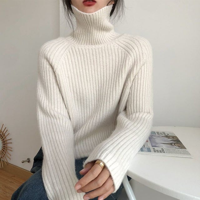 【全10色】ふんわり暖か リブ編みタートルネックニットトップス ラグランスリーブ ゆったりシルエット 厚手 暖か セーター 秋冬 （アイボリー）