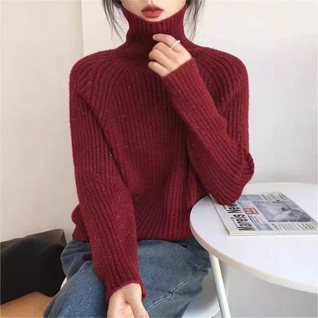【全10色】ふんわり暖か リブ編みタートルネックニットトップス ラグランスリーブ ゆったりシルエット 厚手 暖か セーター 秋冬 （ワインレッド）