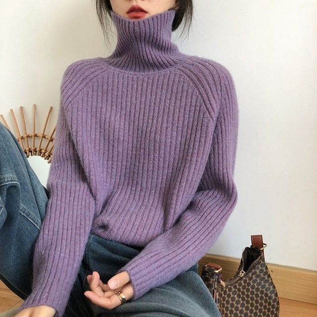 【全10色】ふんわり暖か リブ編みタートルネックニットトップス ラグランスリーブ ゆったりシルエット 厚手 暖か セーター 秋冬 （パープル）