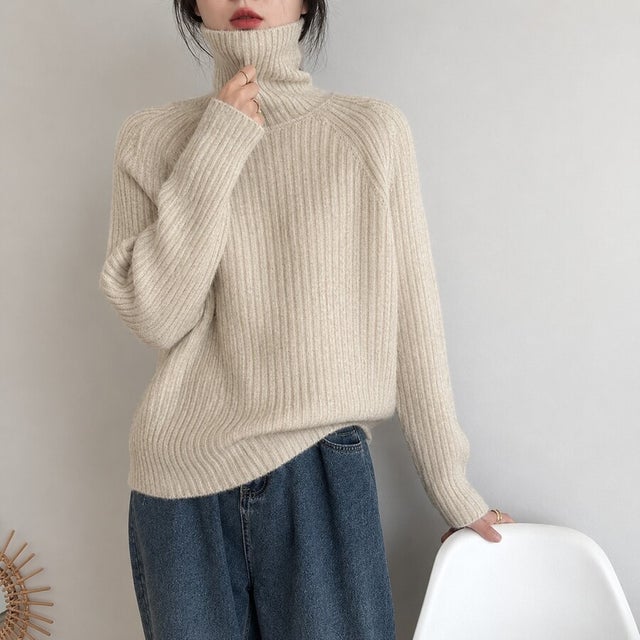 【全10色】ふんわり暖か リブ編みタートルネックニットトップス ラグランスリーブ ゆったりシルエット 厚手 暖か セーター 秋冬 （ライトベージュ）