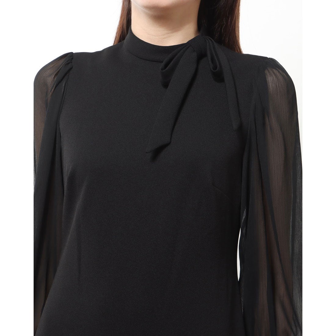 カルバン クライン Calvin Klein シフォン袖にボウタイネックの上品リトルブラックドレス （ブラック） -海外ファッション通販  LOCONDO Buyer