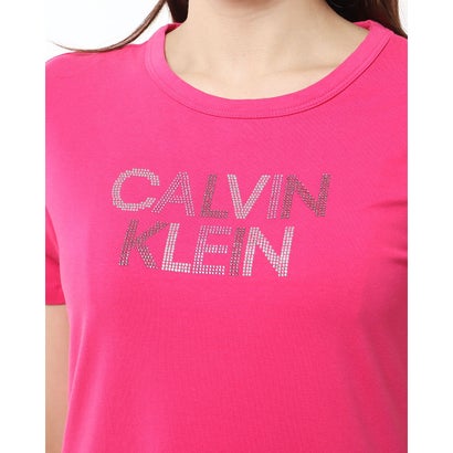 カルバン クライン Calvin Klein ☆ラインストーンロゴ半袖Tシャツワンピース （ピンク）｜詳細画像