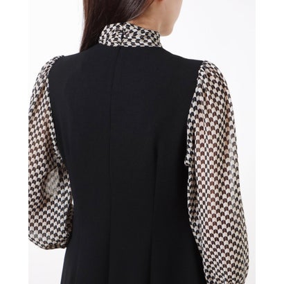 カルバン クライン Calvin Klein 格子柄の袖がお洒落なボウタイネックブラックワンピース （ブラック）｜詳細画像