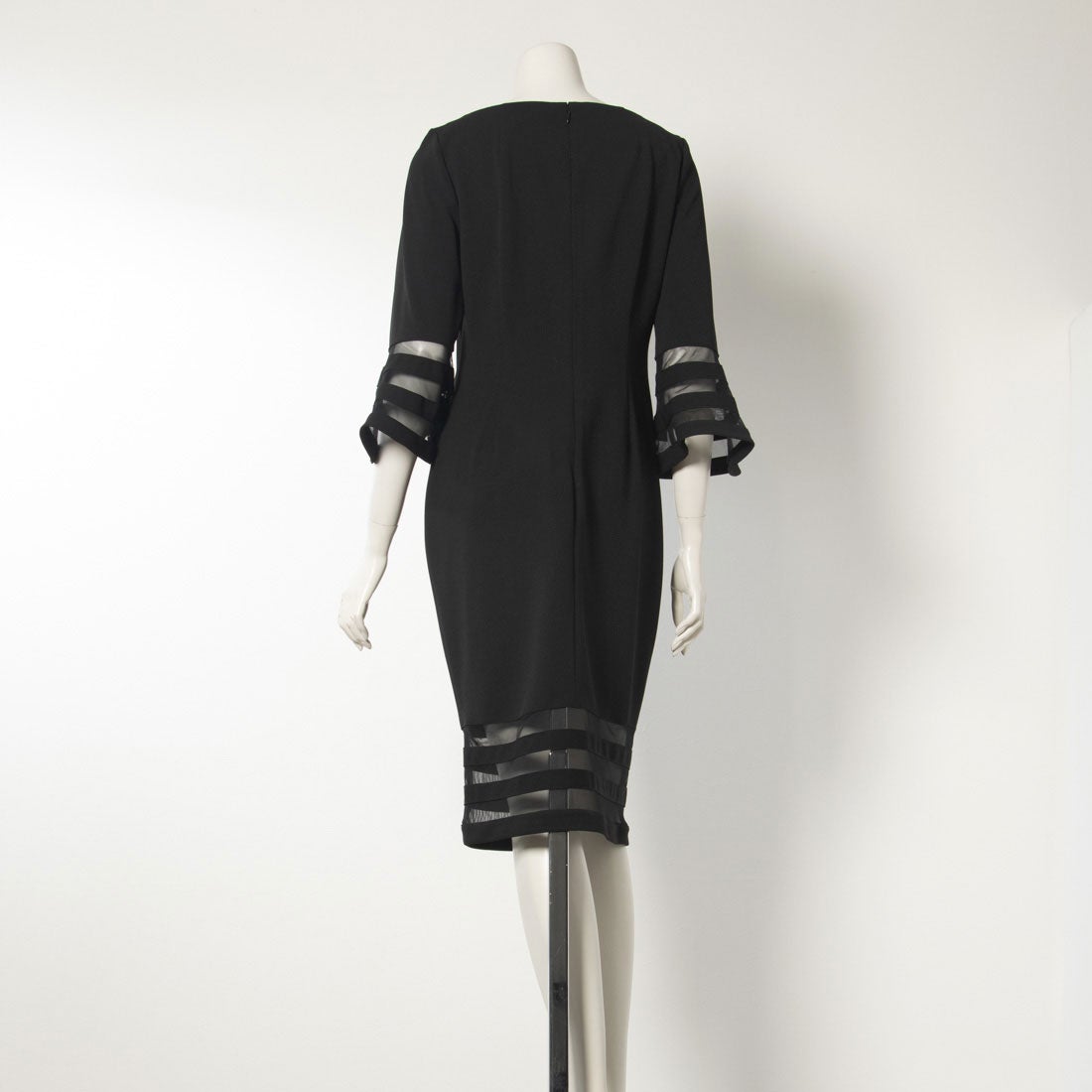 カルバン クライン Calvin Klein フレア袖と裾のメッシュラインのアクセントが映える上品オシャレワンピース （ブラック）