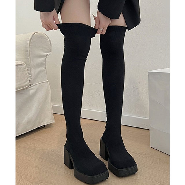 厚底 ストレッチ ニーハイブーツ ニットソックスブーツ culs148 （ブラック）
