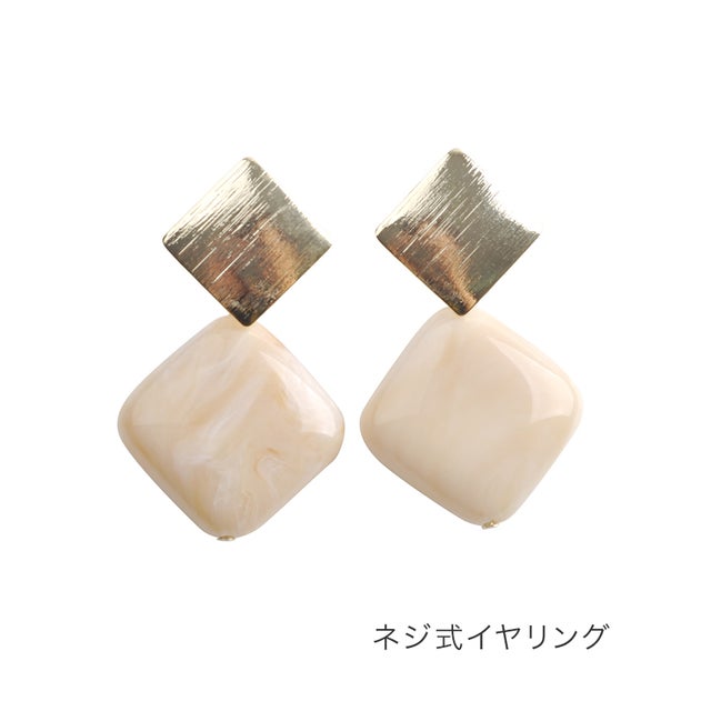 しっとり艶めくダブルスクエアのマーブルストーンピアス （イヤリングナチュラル）