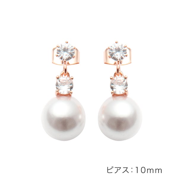 サイズが選べるパールとビジューの揺れピアス/イヤリング （ピアス10mm：ピンクゴールド）