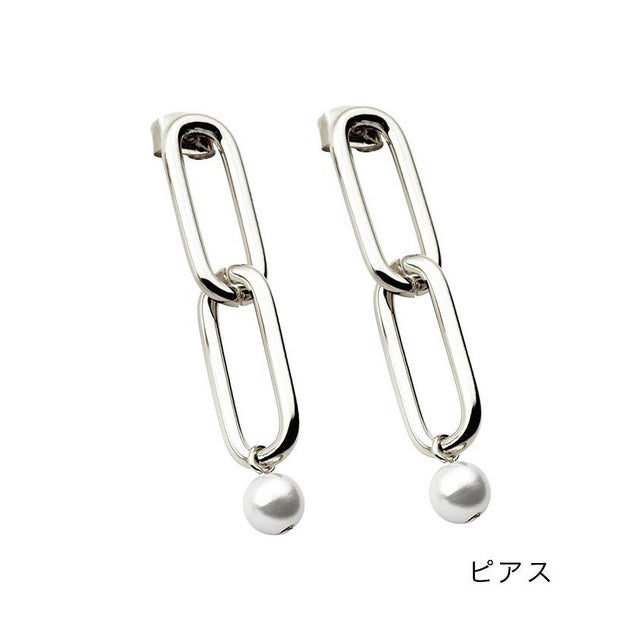 揺れる大きめ2連チェーン×パールのピアス/イヤリング （シルバー）