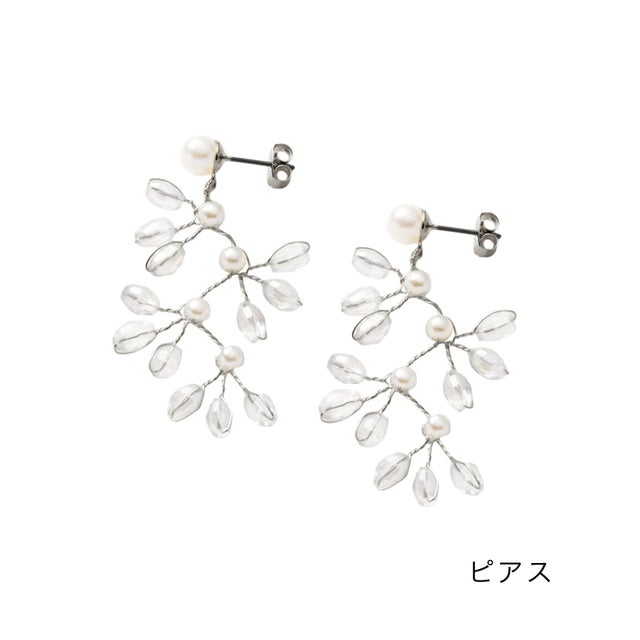 パール、ビーズのリーフワイヤーピアス/イヤリング （シルバー）