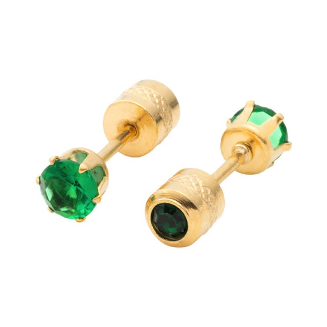 全88種類！煌きビジューのネジロック式ステンレス製ピアス （4mm：ゴールド：グリーン）