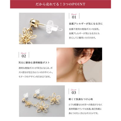 繊細ワイヤーフラワーの樹脂ピアス/イヤリング （イヤリング：シルバー）｜詳細画像