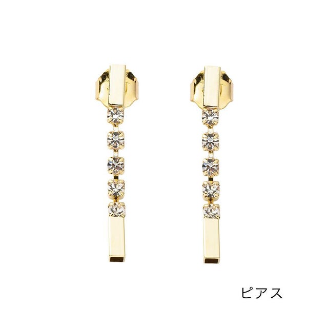 レンヅメビジューが目を惹くメタルバーイヤリング/ピアス （A：ゴールド）