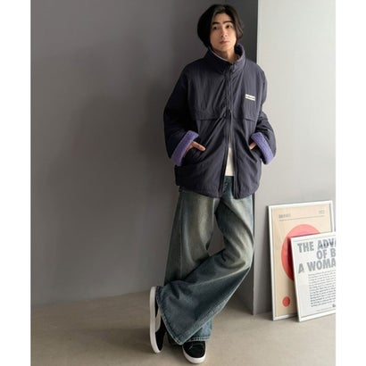 《JaVaジャバコラボ》暖か、想像以上。ナイロン×ボア リバーシブルスタンドカラーブルゾン （ネイビー×パープル）｜詳細画像
