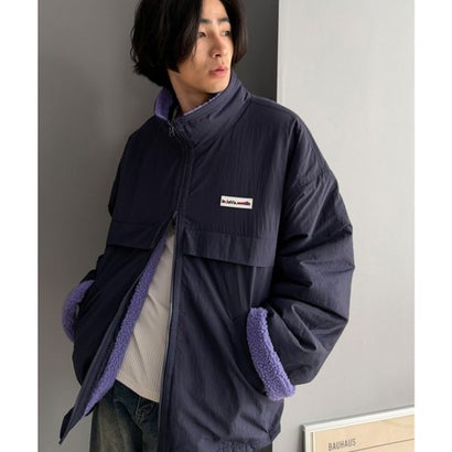 《JaVaジャバコラボ》暖か、想像以上。ナイロン×ボア リバーシブルスタンドカラーブルゾン （ネイビー×パープル）｜詳細画像