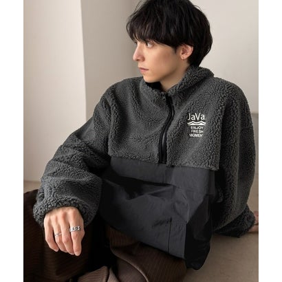 《JaVaジャバコラボ》ミックスネップシープボア×ナイロン切替スタンドカラーオーバーサイズブルゾン （チャコールグレー）｜詳細画像