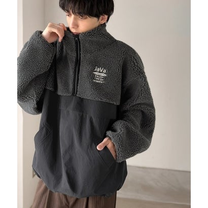 《JaVaジャバコラボ》ミックスネップシープボア×ナイロン切替スタンドカラーオーバーサイズブルゾン （チャコールグレー）｜詳細画像