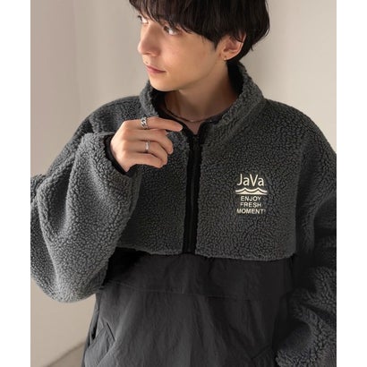 《JaVaジャバコラボ》ミックスネップシープボア×ナイロン切替スタンドカラーオーバーサイズブルゾン （チャコールグレー）｜詳細画像
