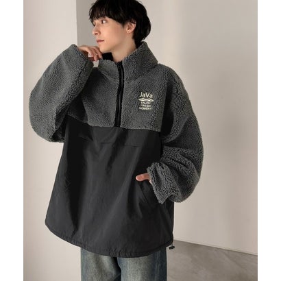 《JaVaジャバコラボ》ミックスネップシープボア×ナイロン切替スタンドカラーオーバーサイズブルゾン （チャコールグレー）｜詳細画像
