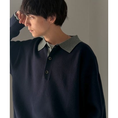 《JaVaジャバコラボ》襟元で差をつける、大人の装い。ミラノリブ配色ニットポロシャツ （ネイビー）｜詳細画像