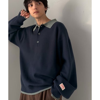 《JaVaジャバコラボ》襟元で差をつける、大人の装い。ミラノリブ配色ニットポロシャツ （ネイビー）｜詳細画像