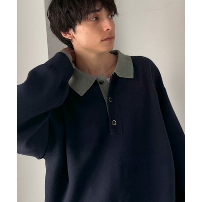《JaVaジャバコラボ》襟元で差をつける、大人の装い。ミラノリブ配色ニットポロシャツ （ネイビー）｜詳細画像
