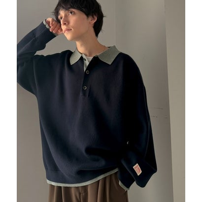 《JaVaジャバコラボ》襟元で差をつける、大人の装い。ミラノリブ配色ニットポロシャツ （ネイビー）｜詳細画像