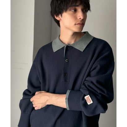 《JaVaジャバコラボ》襟元で差をつける、大人の装い。ミラノリブ配色ニットポロシャツ （ネイビー）｜詳細画像
