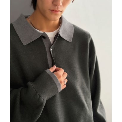 《JaVaジャバコラボ》襟元で差をつける、大人の装い。ミラノリブ配色ニットポロシャツ （チャコールグレー）｜詳細画像